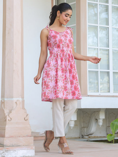 Pink Pure Cotton Floral Printed A-line Tunic